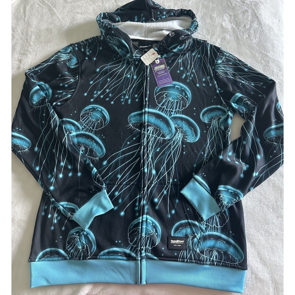 NWT Fresh Hoods Jellyfish Graphic Zip Hoodie Black Trippy Neon Sea Creature - S